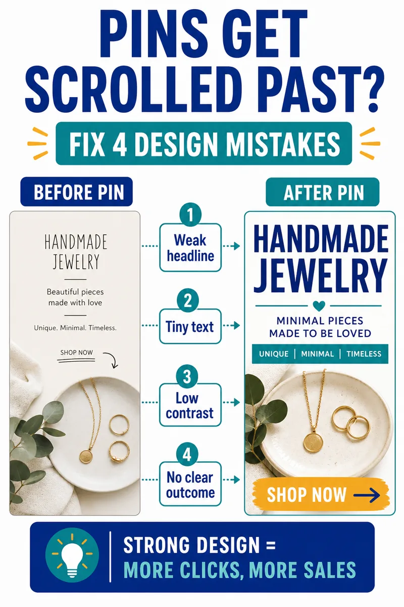 Before and after Pinterest Pin showing four design mistakes