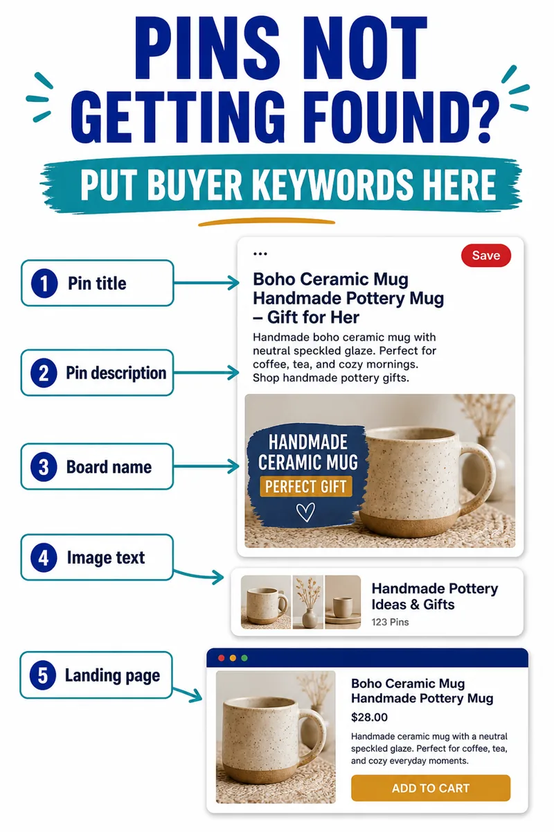 Where to put Pinterest keywords on a Pin and landing page