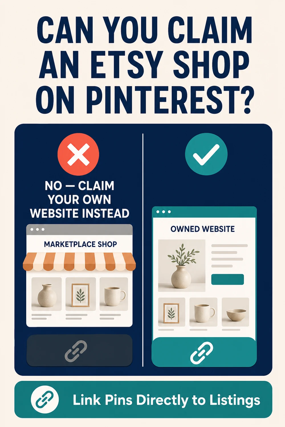 Comparison showing that an Etsy marketplace shop cannot normally be claimed on Pinterest but an owned website can be claimed