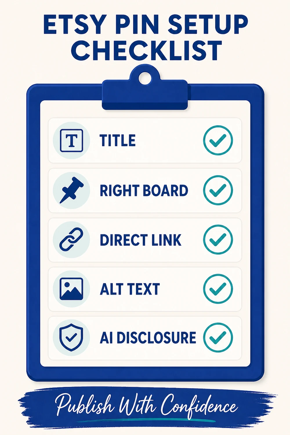 Etsy Pinterest Pin setup checklist for title, board, direct link, alt text and AI disclosure