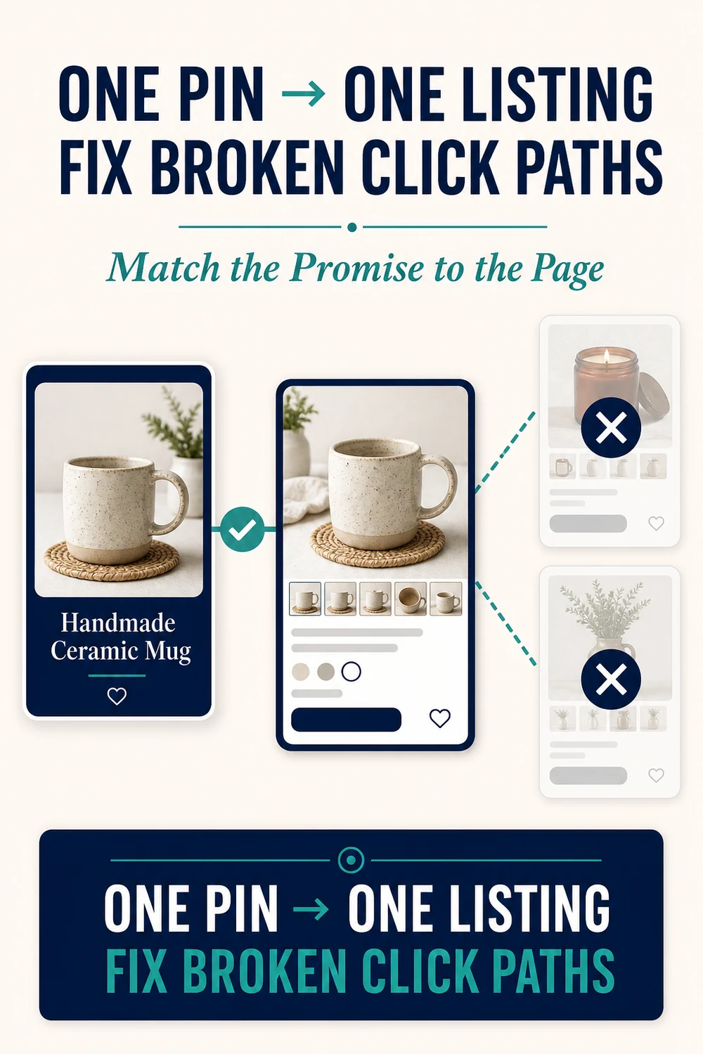 Diagram connecting one Pinterest product Pin to the matching Etsy listing and rejecting unrelated pages