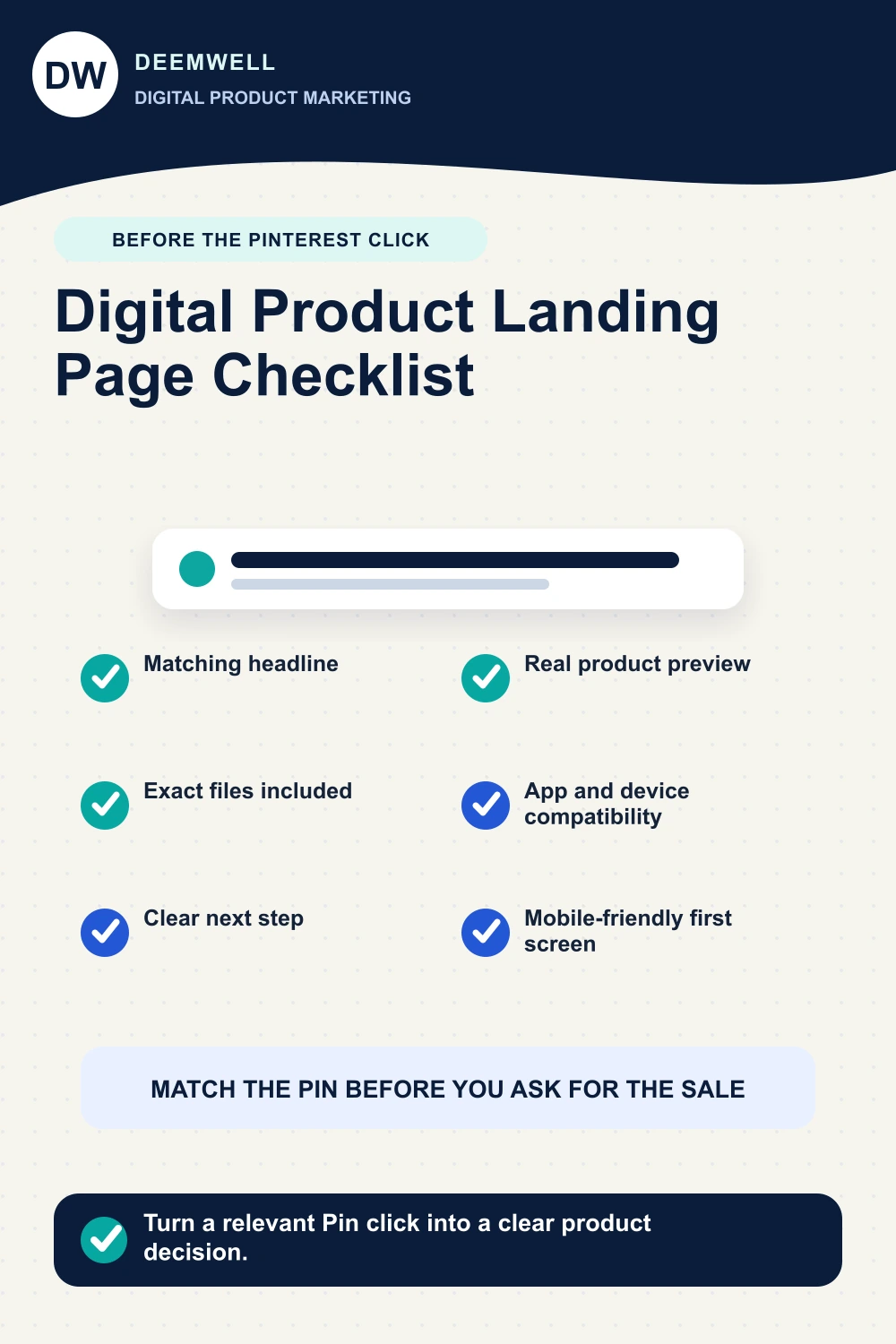 Mobile landing-page checklist for matching the Pinterest headline, product preview, file details, compatibility and clear next step