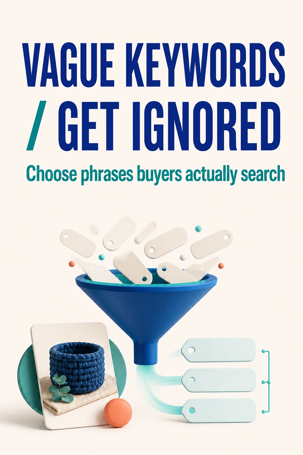 Filter sorting vague keyword tags into focused buyer phrases for one handmade Etsy product