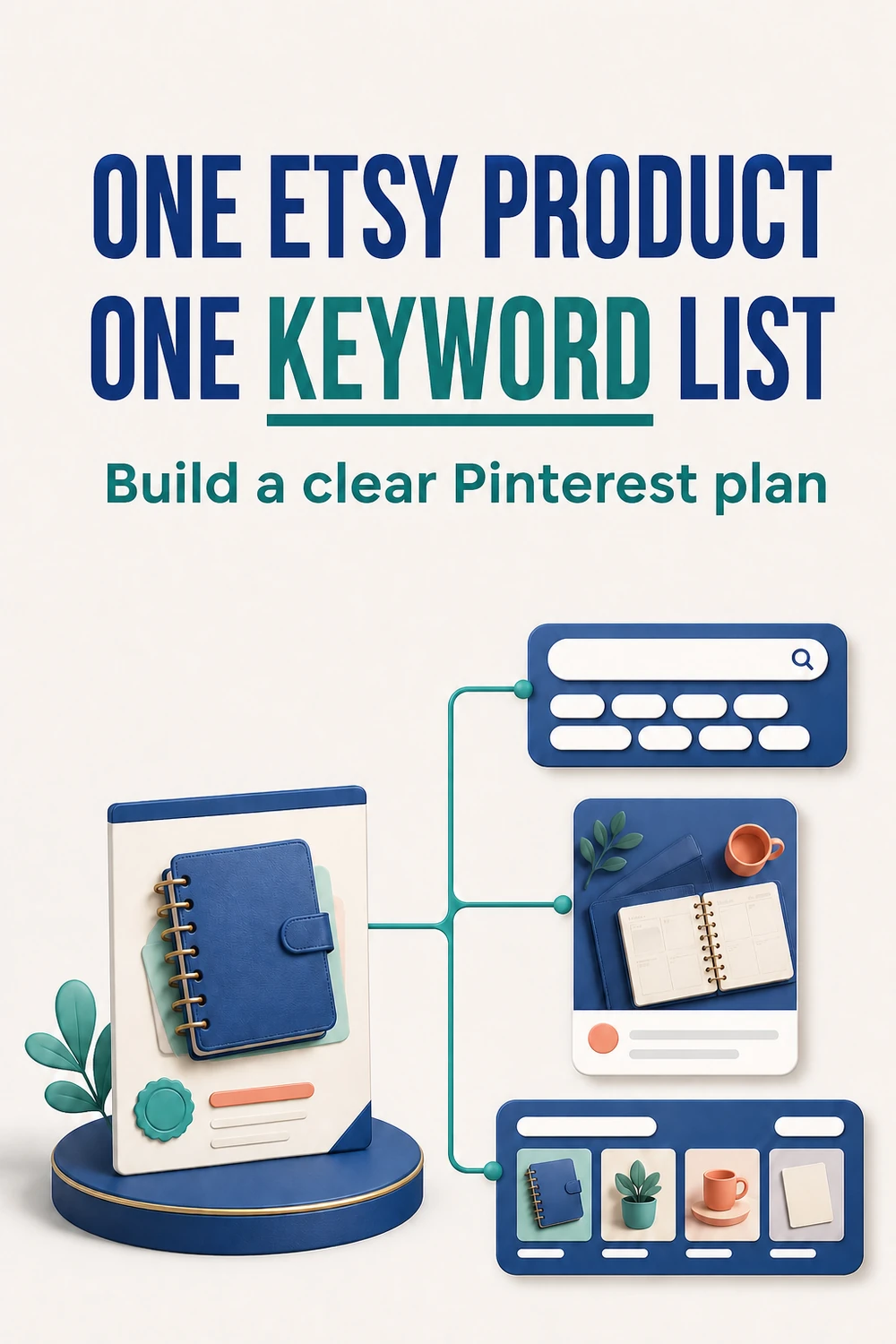 One Etsy product connected to a focused keyword list, Pinterest Pin and relevant board