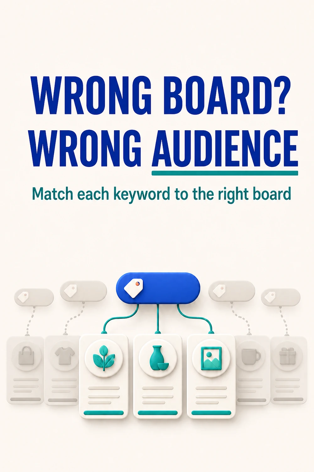 Keyword chip connecting to matching Pinterest board categories while unrelated boards remain dim