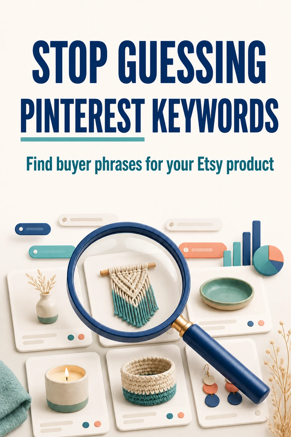 Pinterest keyword research for an Etsy product using a magnifying glass over handmade product cards