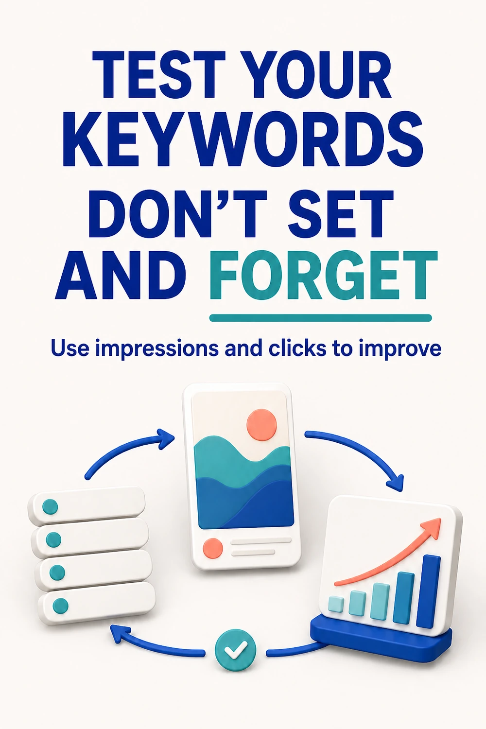 Keyword testing loop connecting a Pinterest Pin, keyword list and analytics chart