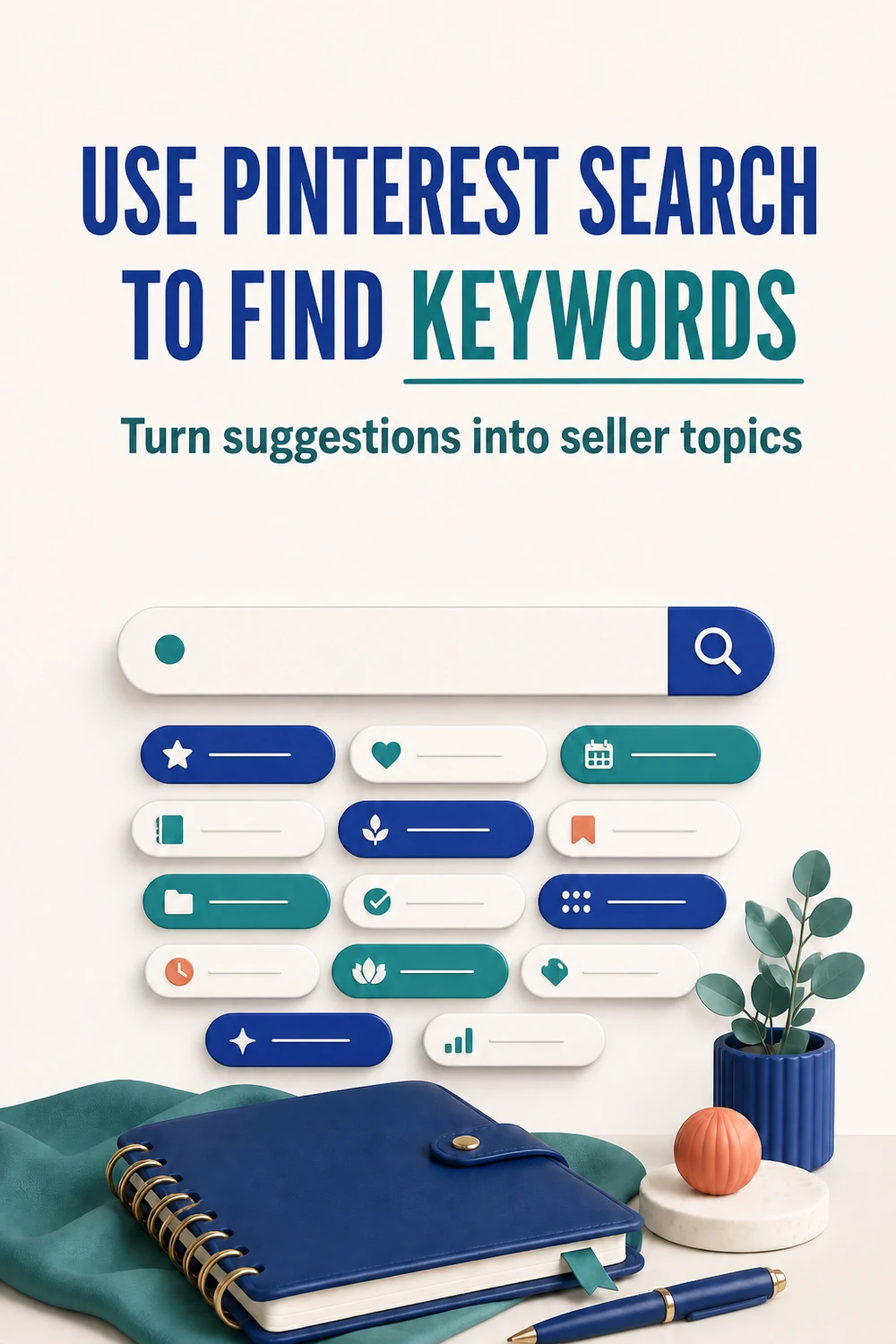Pinterest search bar concept with organized keyword suggestion chips for an Etsy seller