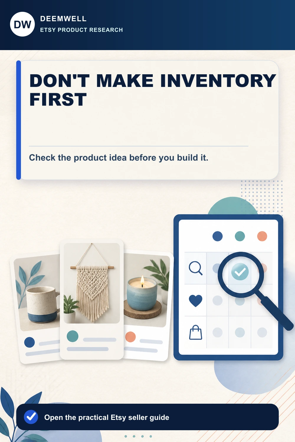 Three handmade product cards beside a product-demand comparison panel and magnifying glass