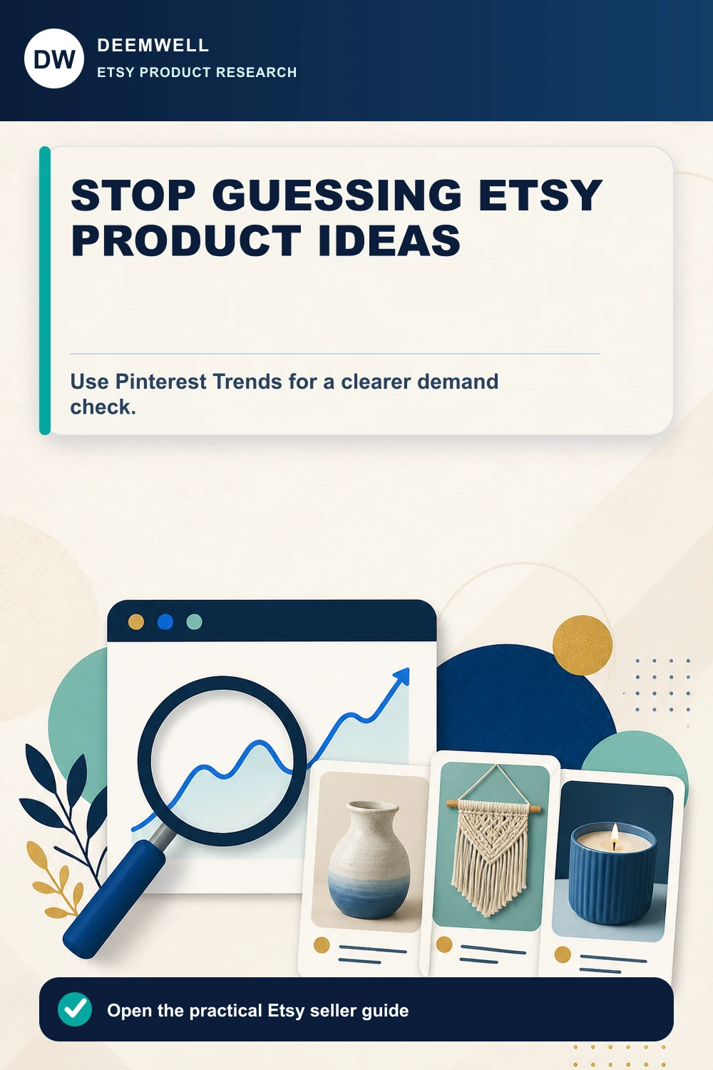 Etsy product research graphic with a magnifying glass comparing handmade product cards and a rising search-interest line