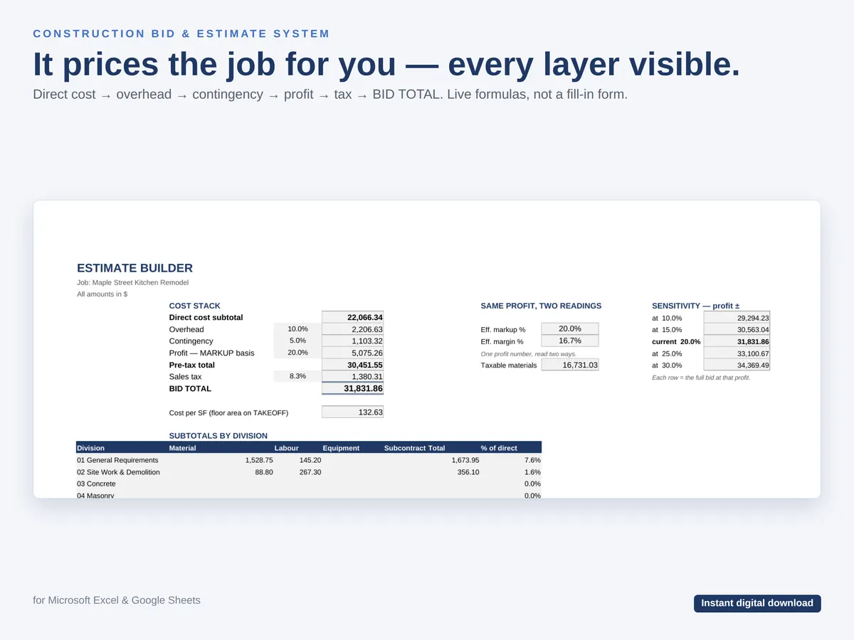 Construction Bid Template — Estimate & Job Costing — real screenshot 1